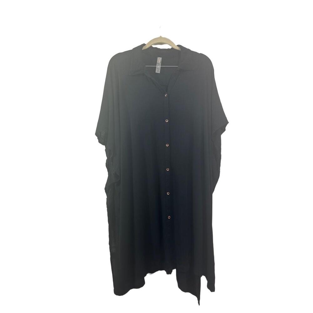 Raisins Swim Coverup Womens Size 1X Black Short Sleeve Collared Shirt Dress - Picture 2 of 12